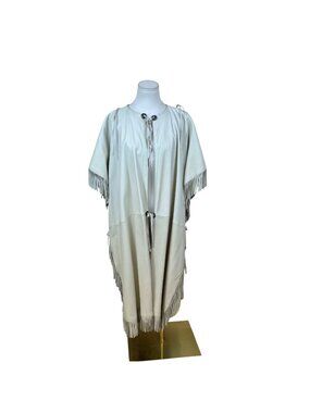 Char & Sheer Womens Cream Leather Fringe Poncho Stylish Loose Fit OS